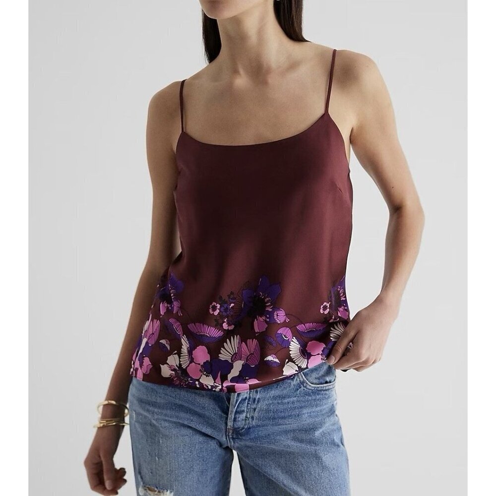 Express Women's Satin Floral Scoop Neck Downtown Cami Maroon Size XS - NWT $40